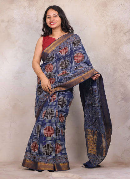 Indigo Ajrakh Hand Block Printed Mangalagiri Cotton Saree | Looms & Tassels