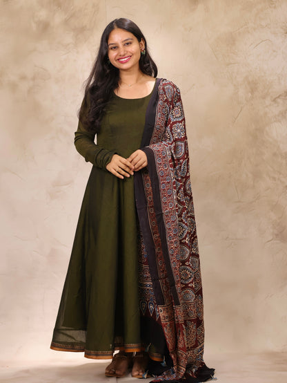 Mehandi Green Narayanpet Cotton Anarkali Dress with Ajrakh Modal Silk Dupatta | Looms & Tassels