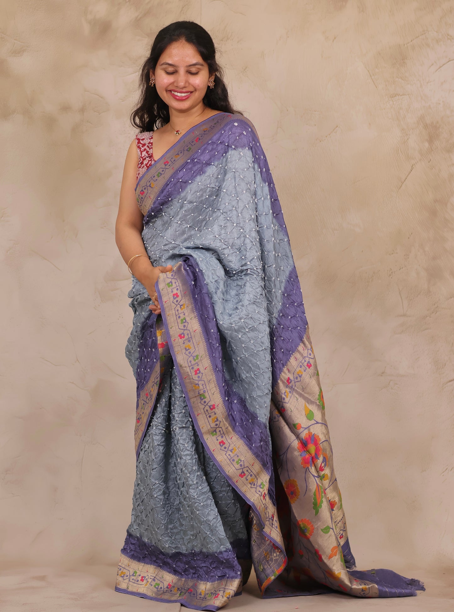 Blue & Grey Handcrafted Bandhani Paithani Dola Silk Saree | Looms & Tassels