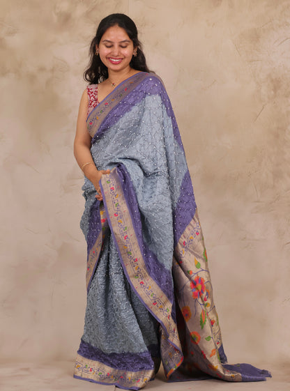 Blue & Grey Handcrafted Bandhani Paithani Dola Silk Saree | Looms & Tassels