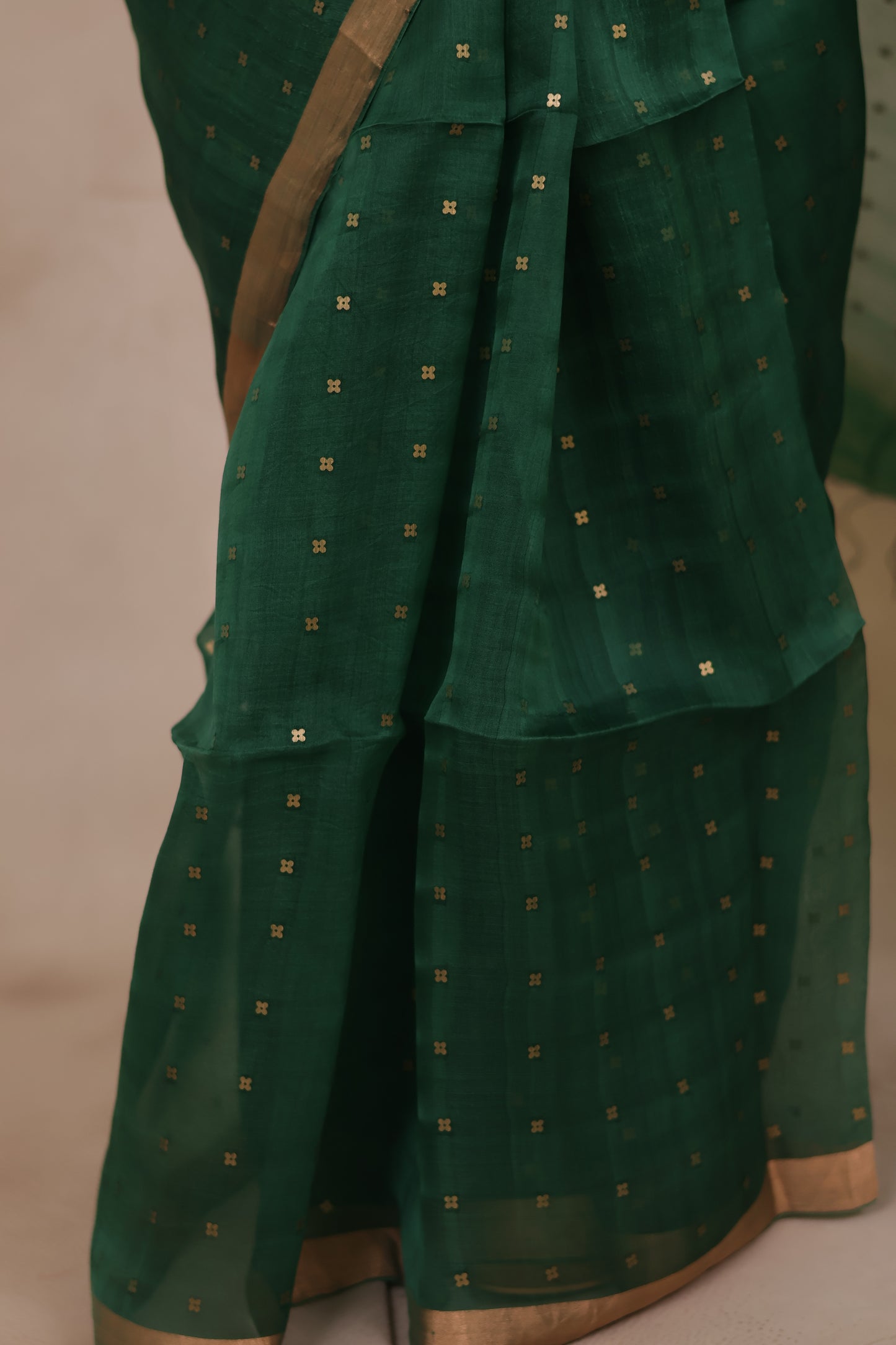 Green Handwoven Muslin Silk Saree With Sequence Work | Looms & Tassels