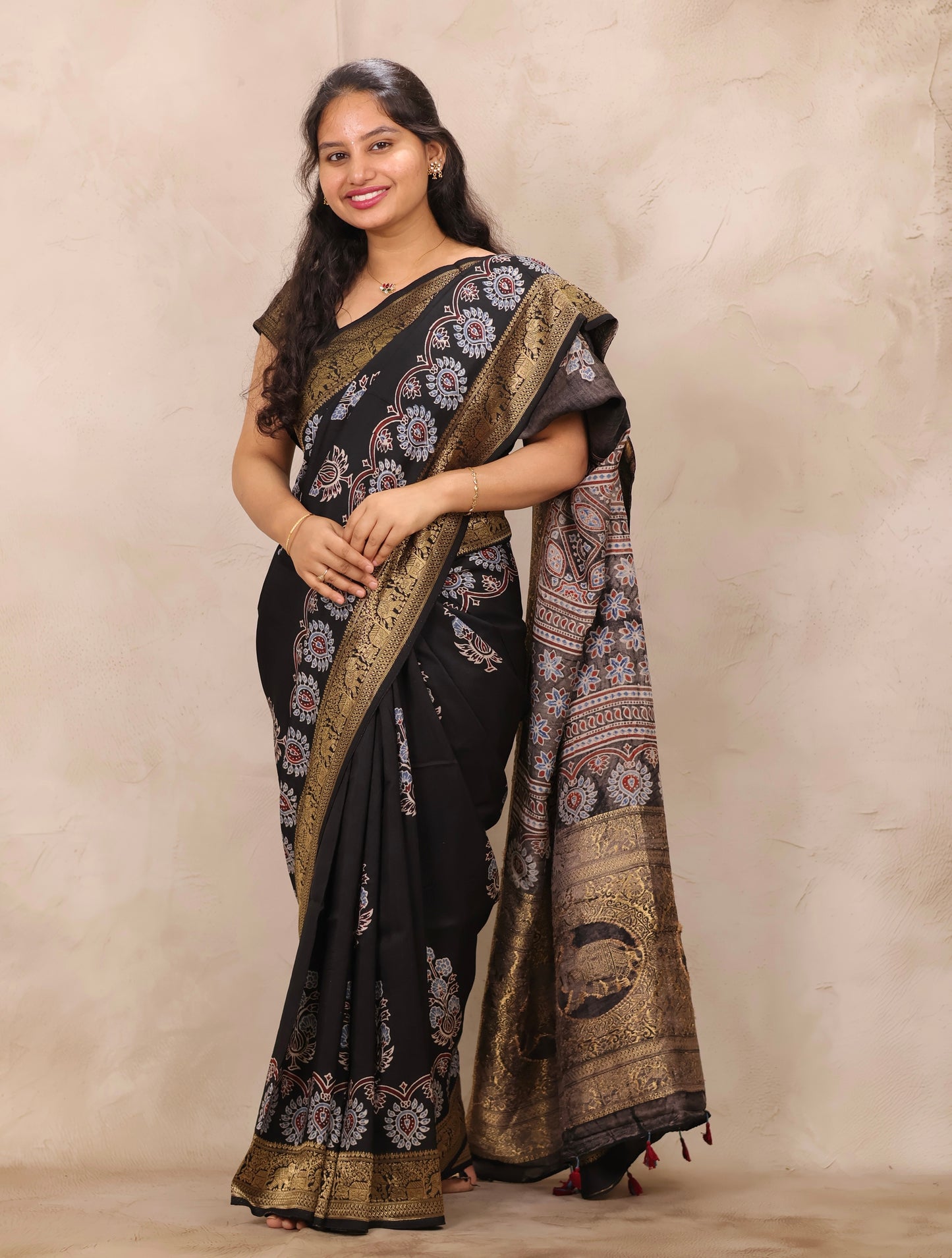 Black Ajrakh Handblock printed Dola Silk Saree | Looms & Tassels