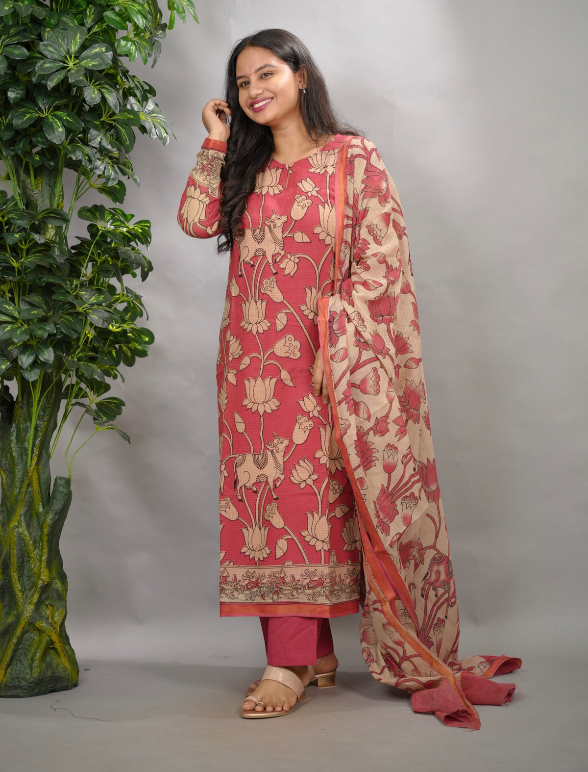 Pink Pichwai Kalamkari Kota Cotton 3 piece suit set (stitched) | Looms & Tassels