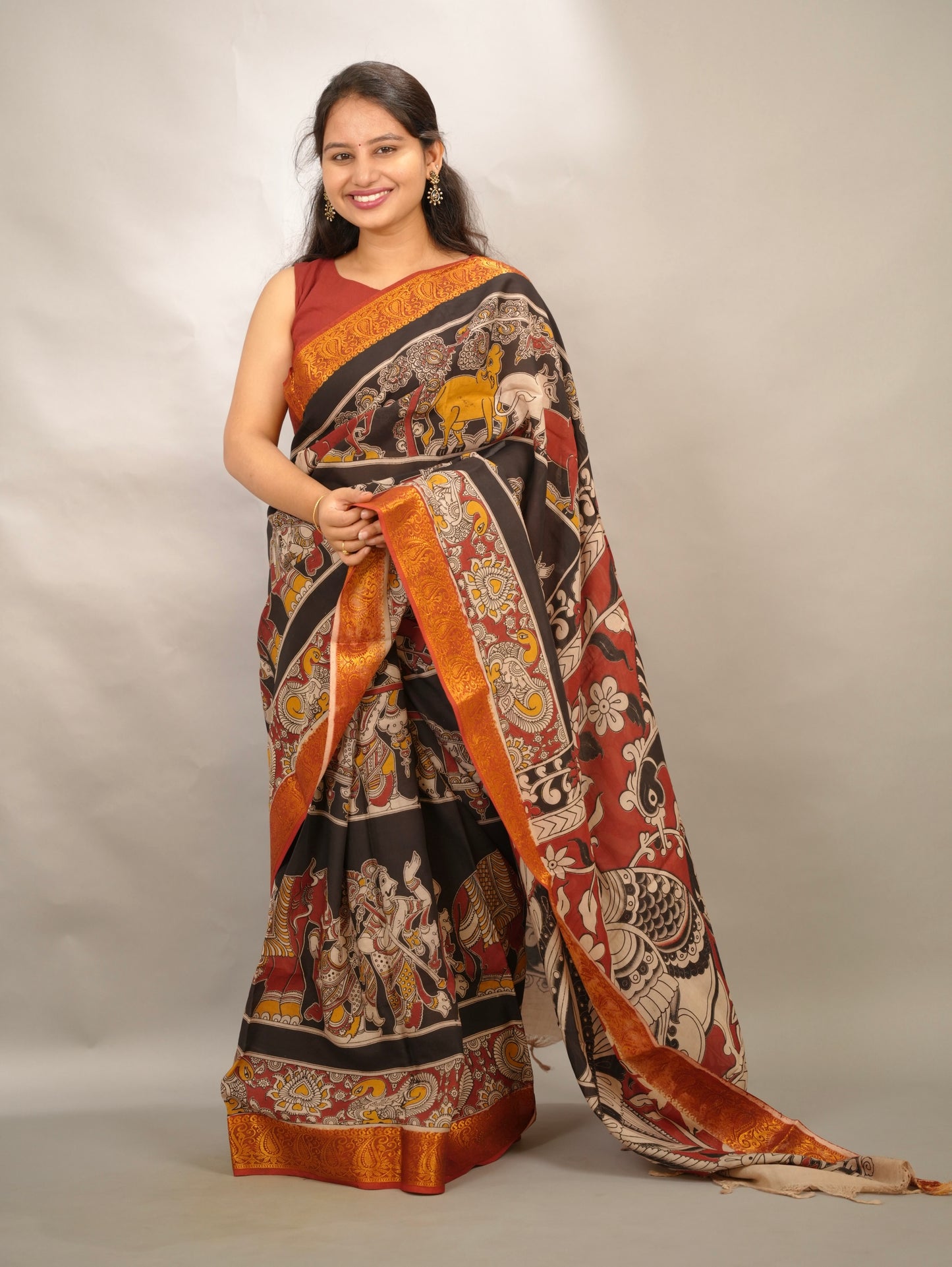 Black Kanchi border Kalamkari chennur silk saree | Looms & Tassels