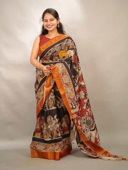 Black Kanchi border Kalamkari chennur silk saree | Looms & Tassels