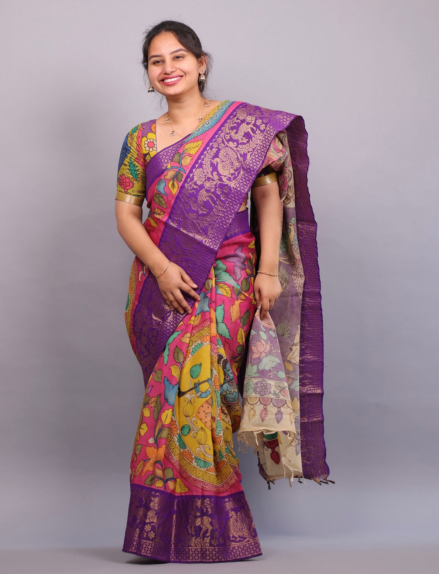 Pink Hand Painted Pen Kalamkari Silk Saree