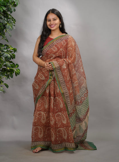 Maroon Pure Kota Doria Saree with Bagru Handblock Prints