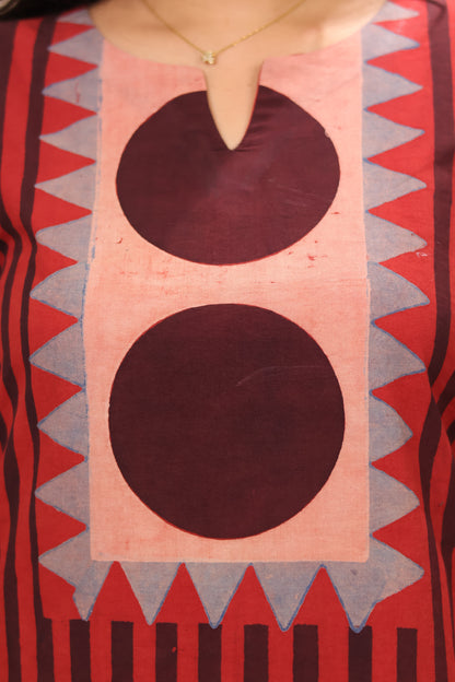 Red Contemporary Ajrakh Pattern Hand Block Cotton printed Kurti | Looms & Tassels