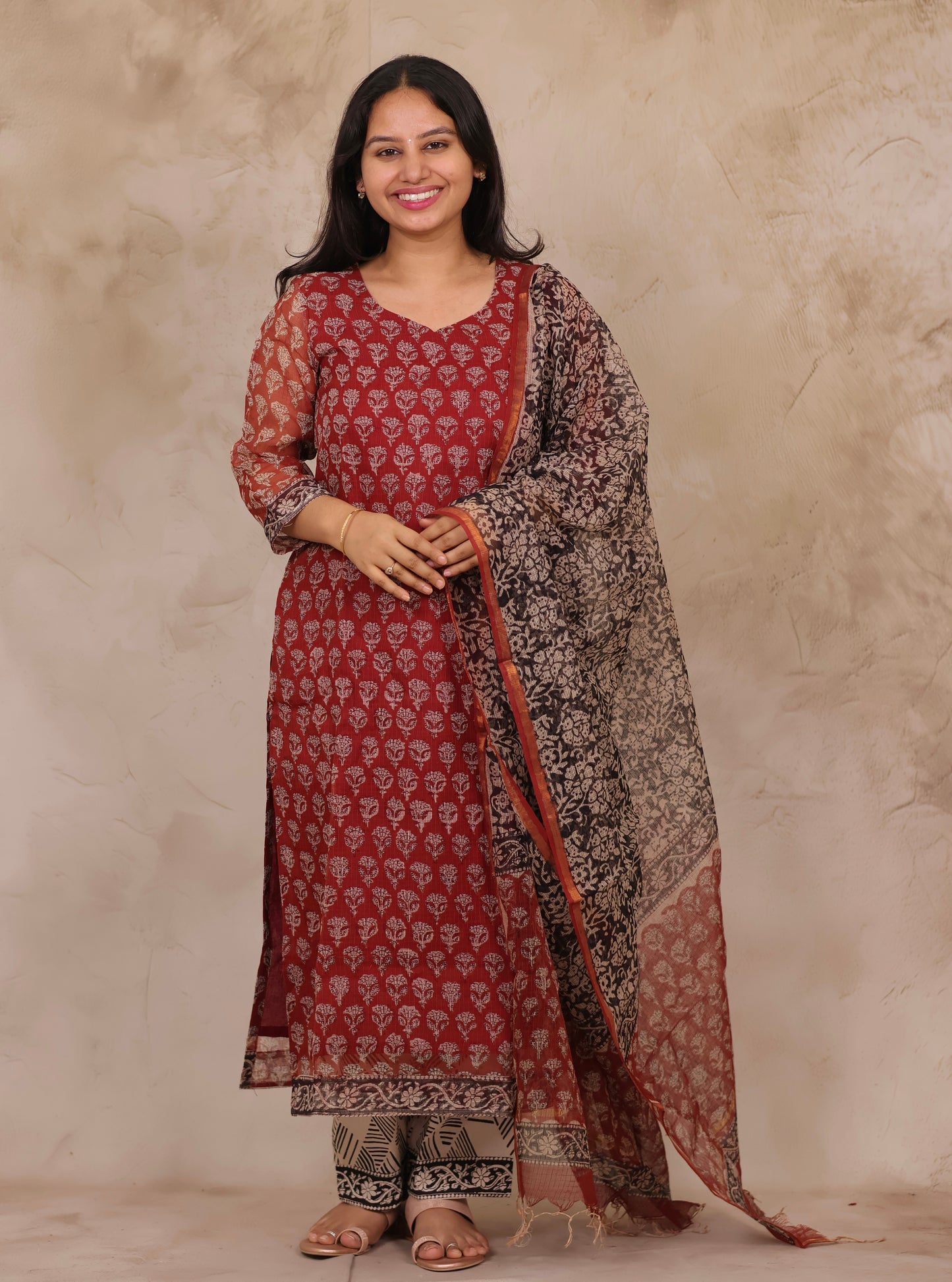 Maroon Handblock printed kota 3 piece suit (stitched)