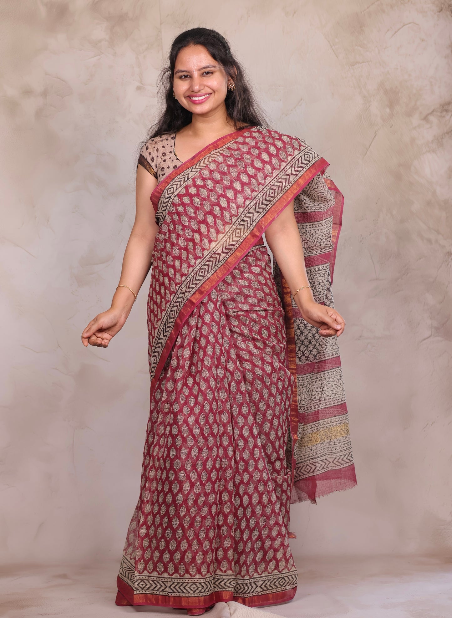 Onion Pink Pure Kota Doria Saree with Bagru Handblock Prints | Looms & Tassels