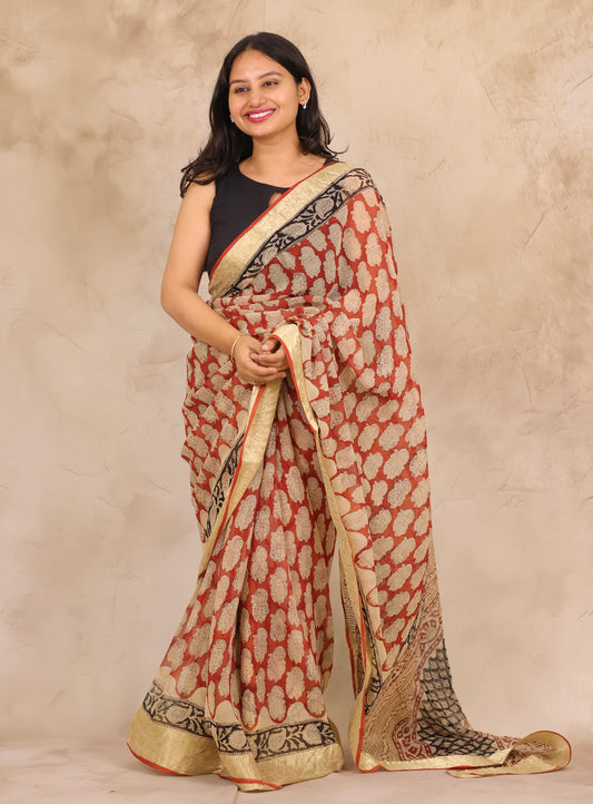 Maroon Chiffon Hand Block Printed Saree with Jari Border | Looms & Tassels