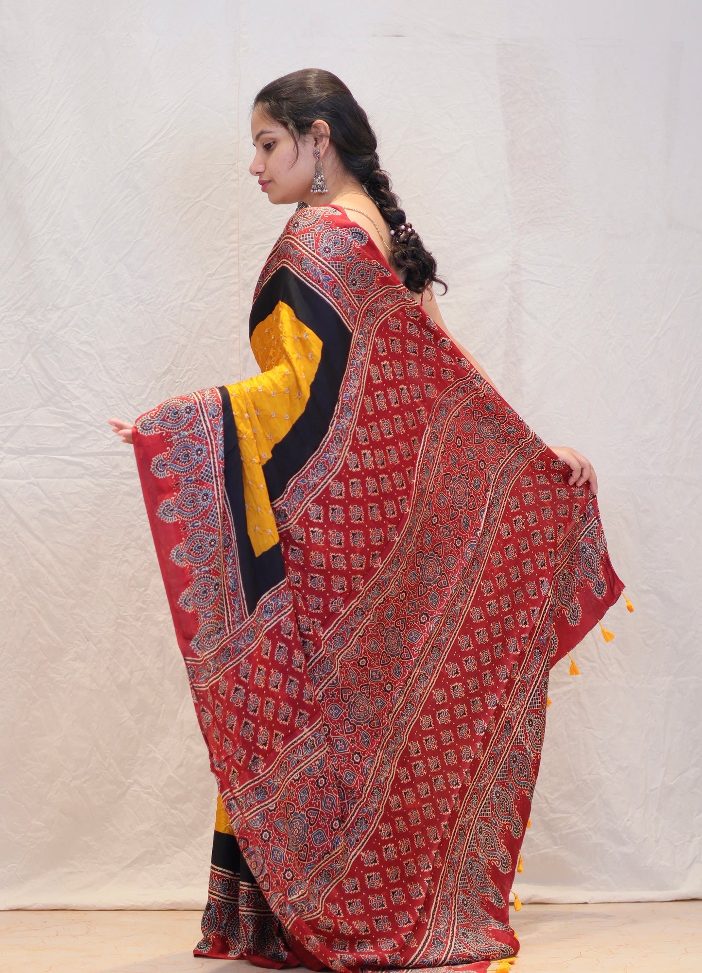 Yellow Ajrakh Bandhej Modal Silk