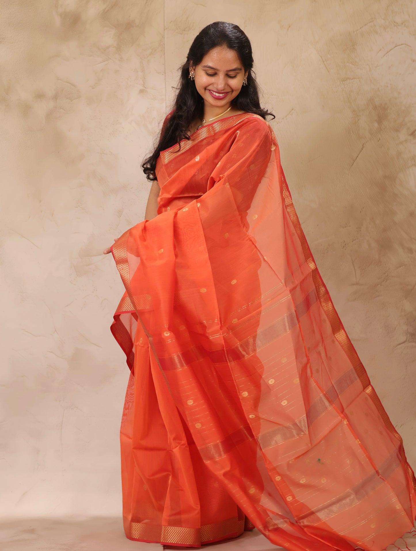 Pastel Orange Handloom Maheswari Silk Cotton Sarees | Looms & Tassels