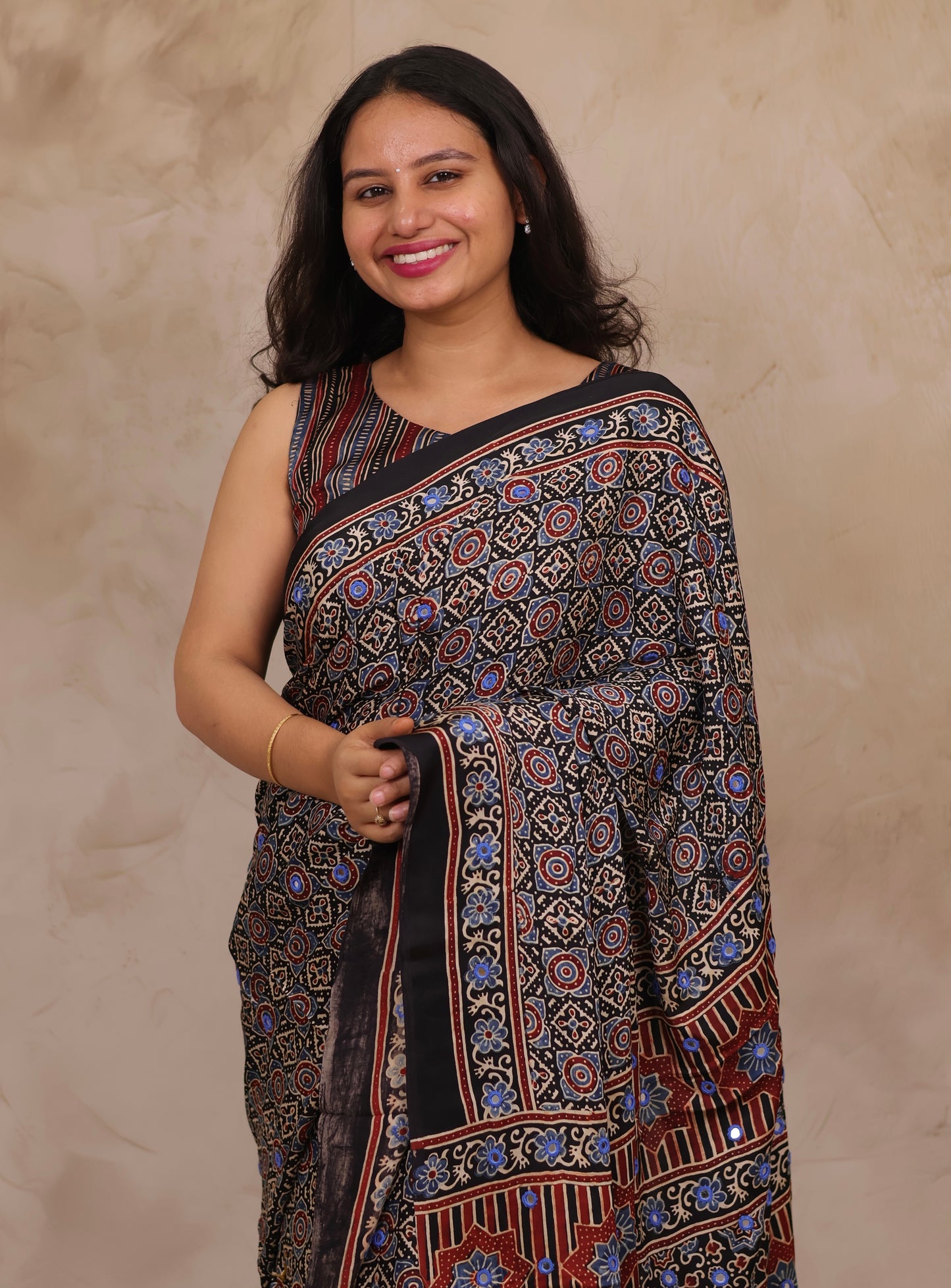 Black Handcrafted Ajrakh Modal Silk Saree with Authentic Banjara Mirror Work | Looms & Tassels