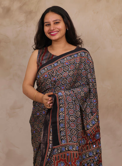 Black Handcrafted Ajrakh Modal Silk Saree with Authentic Banjara Mirror Work | Looms & Tassels