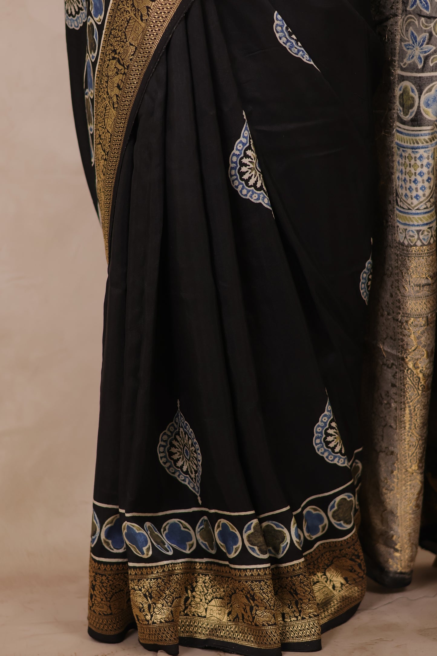 Black Ajrakh Handblock printed Dola Silk Saree | Looms & Tassels