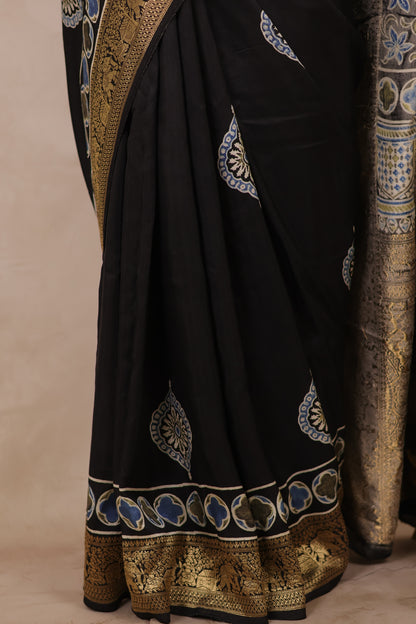 Black Ajrakh Handblock printed Dola Silk Saree | Looms & Tassels