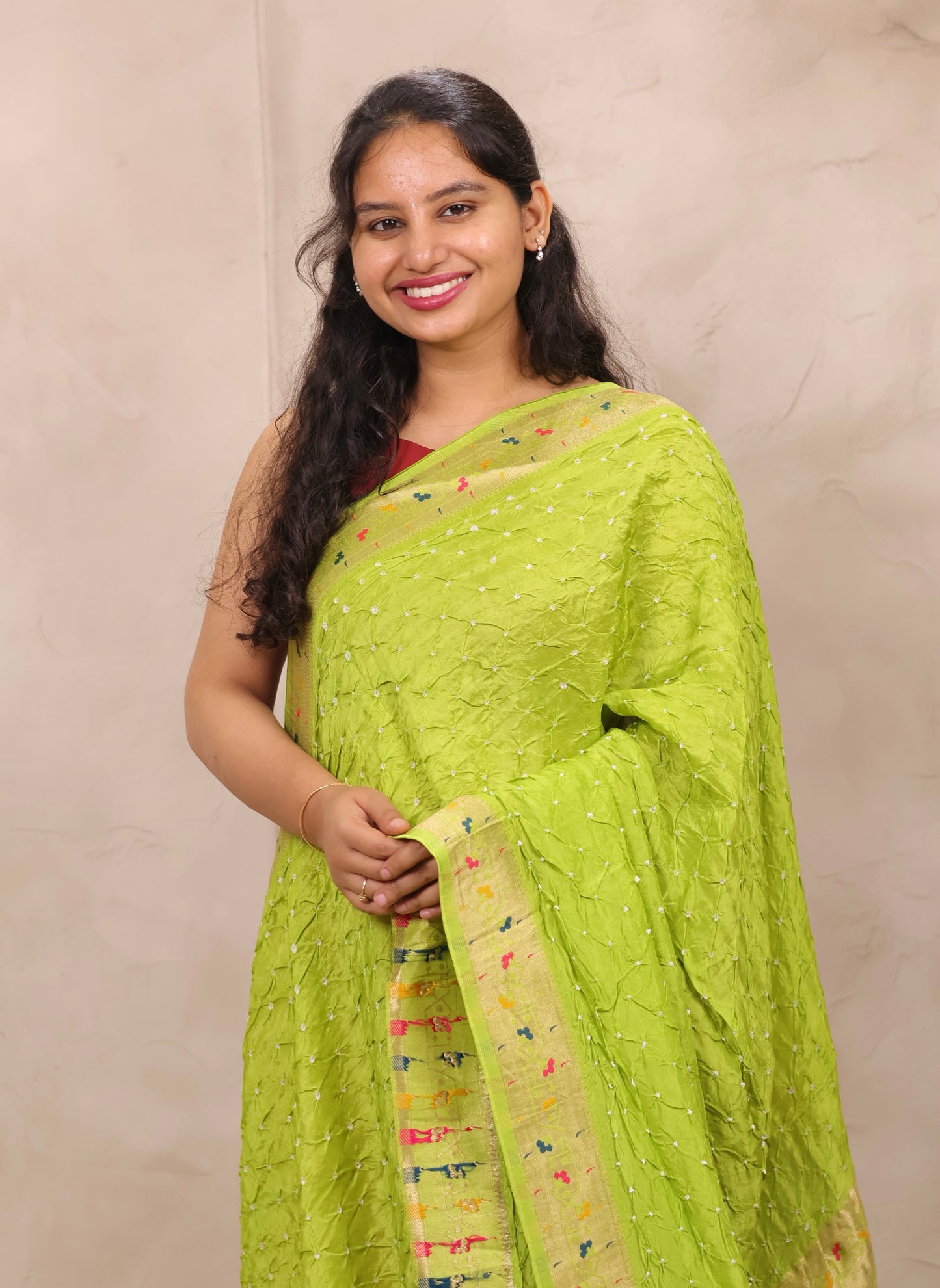 Lemon Green Handcrafted Bandhani Paithani Dola Silk Saree | Looms & Tassels
