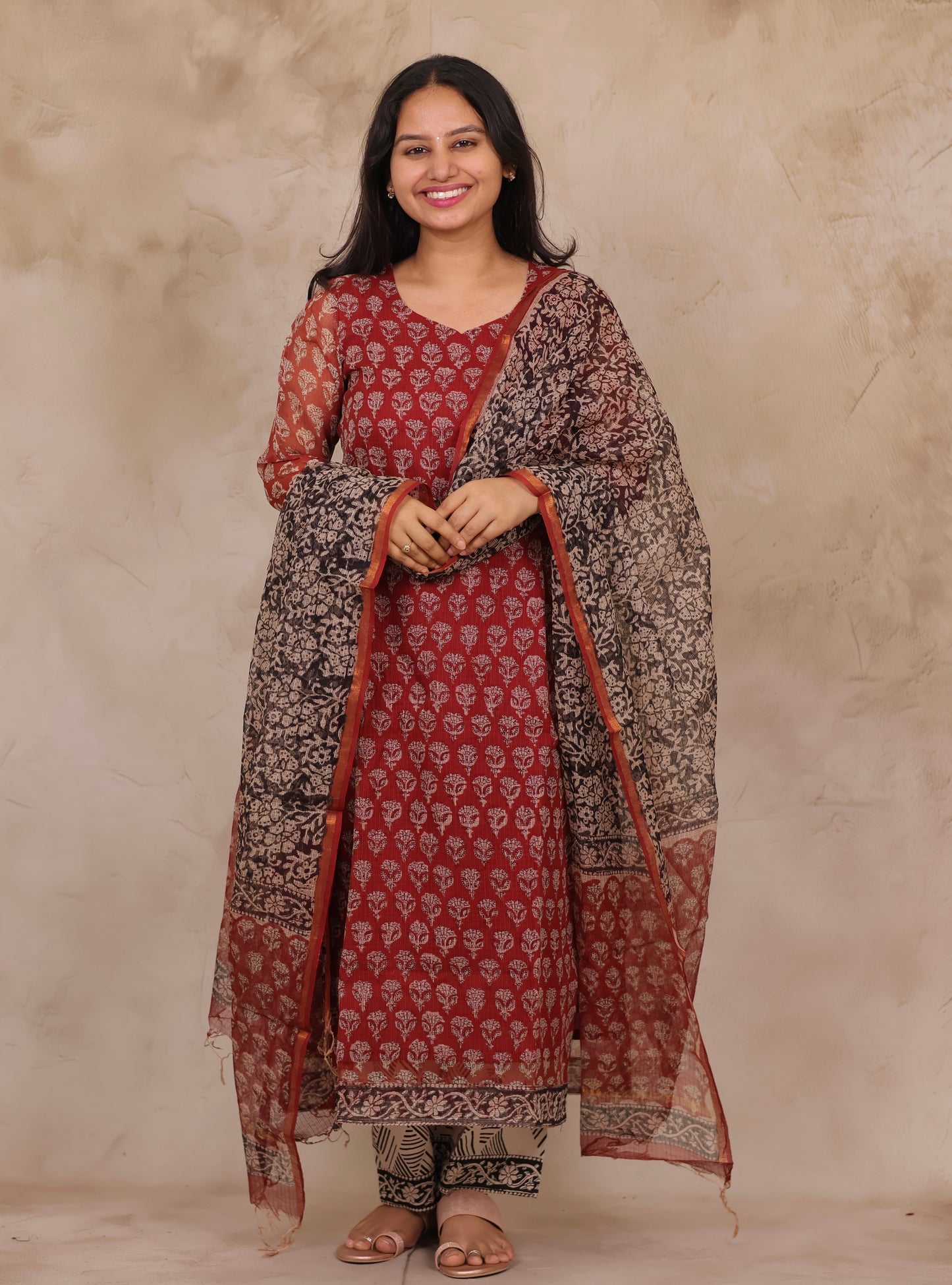 Maroon Handblock printed kota 3 piece suit (stitched)