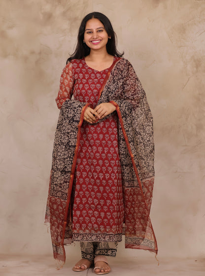 Maroon Handblock printed kota 3 piece suit (stitched)