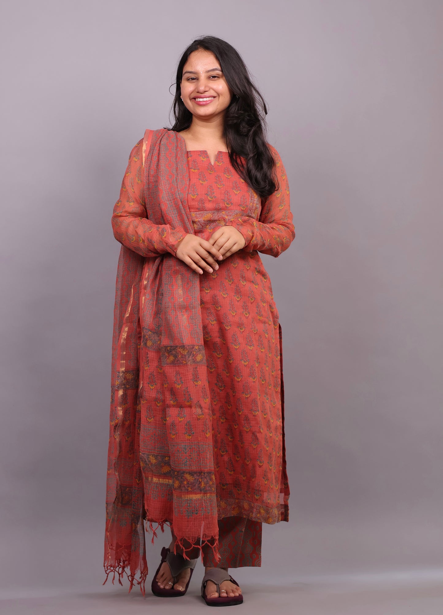 Rust orange Handblock printed kota 3 piece suit with chudi sleeves (stitched)