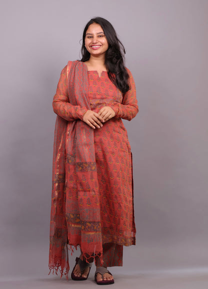 Rust orange Handblock printed kota 3 piece suit with chudi sleeves (stitched)