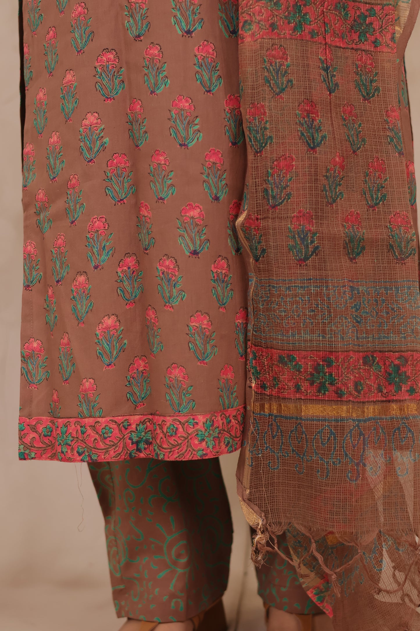 Brown Handblock printed Pure Mul Cotton with Kota Doria Duppata 3 piece suit (stitched)