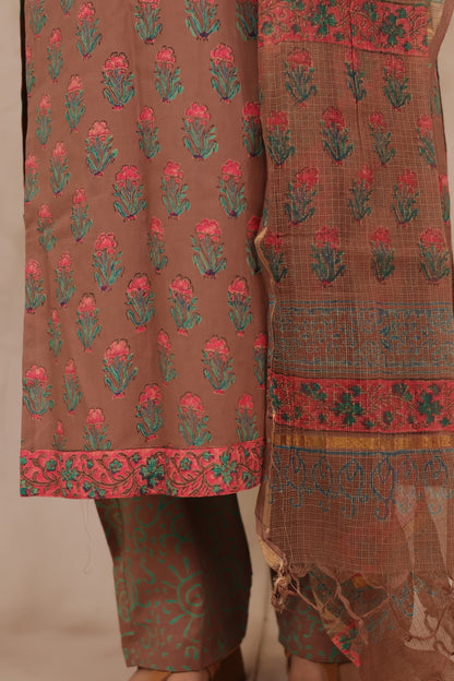 Brown Handblock printed Pure Mul Cotton with Kota Doria Duppata 3 piece suit (stitched)