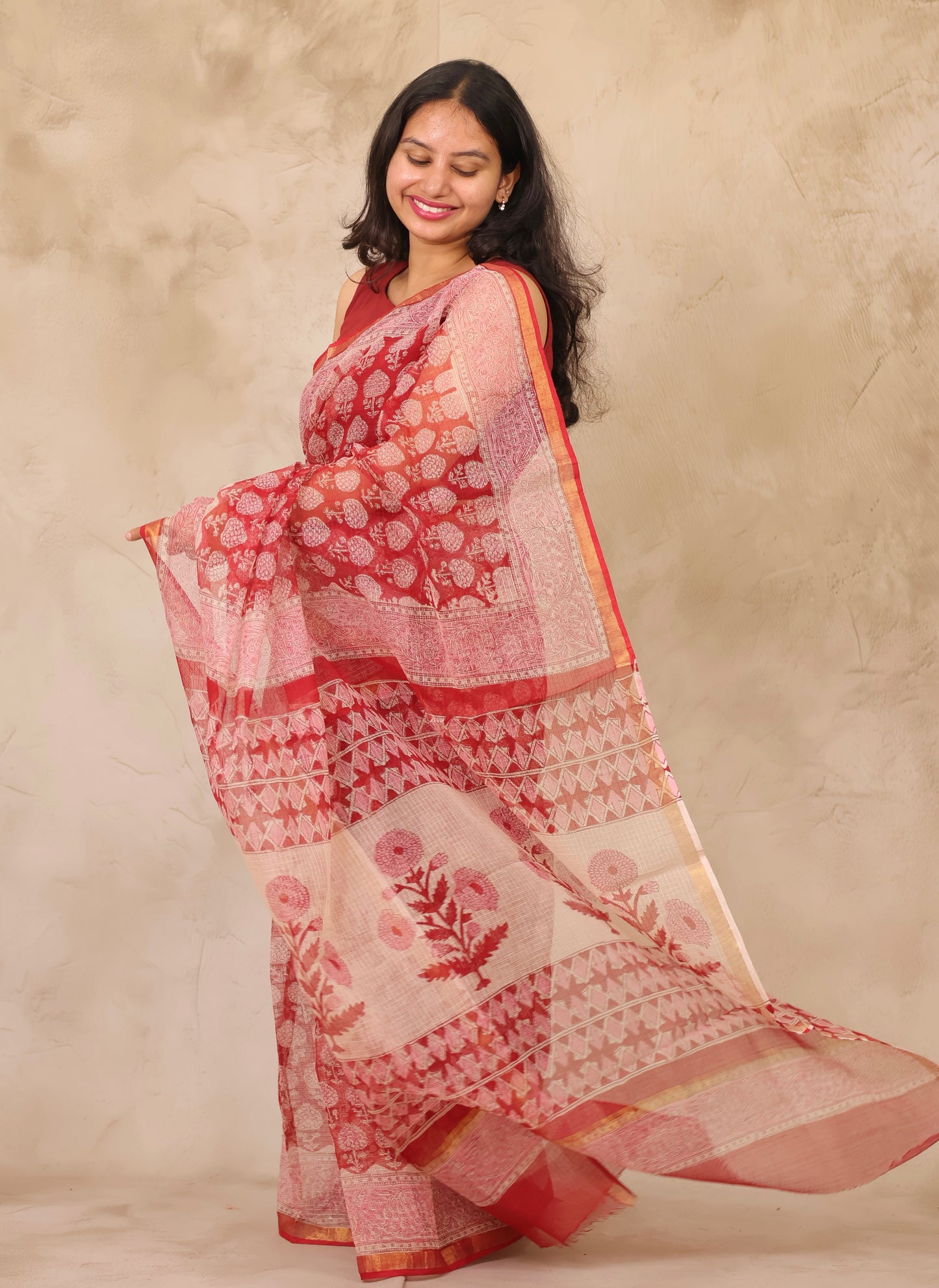Maroon Pure Kota Doria Saree with Bagru Handblock Prints | Looms & Tassels