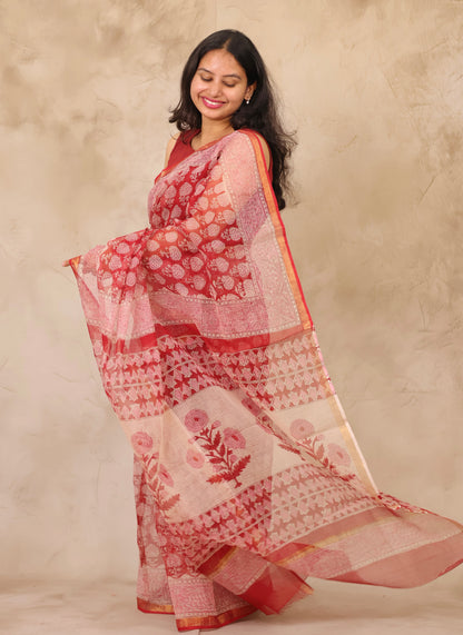 Maroon Pure Kota Doria Saree with Bagru Handblock Prints | Looms & Tassels