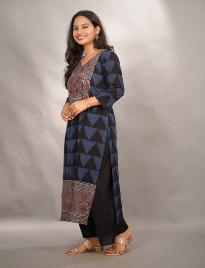Black & Indigo Ajrakh Pattern Hand Block printed Kurti | Looms & Tassels
