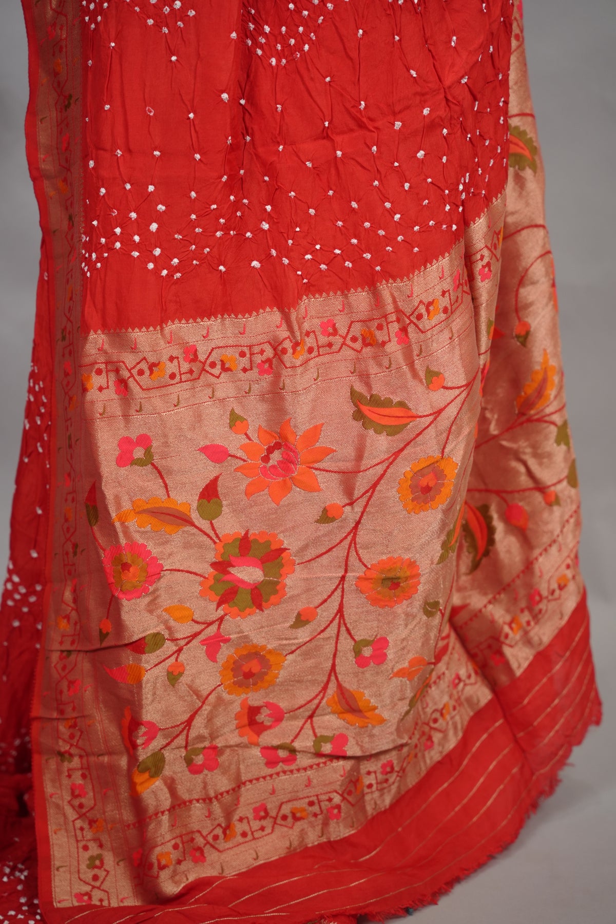 Red Handcrafted  Pattern Bandhani Paithani Dola Silk Saree | Looms & Tassels