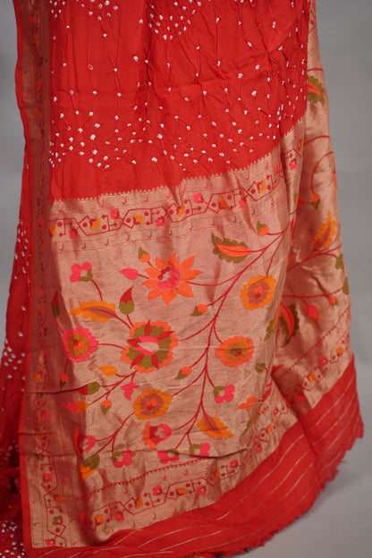 Red Handcrafted  Pattern Bandhani Paithani Dola Silk Saree | Looms & Tassels