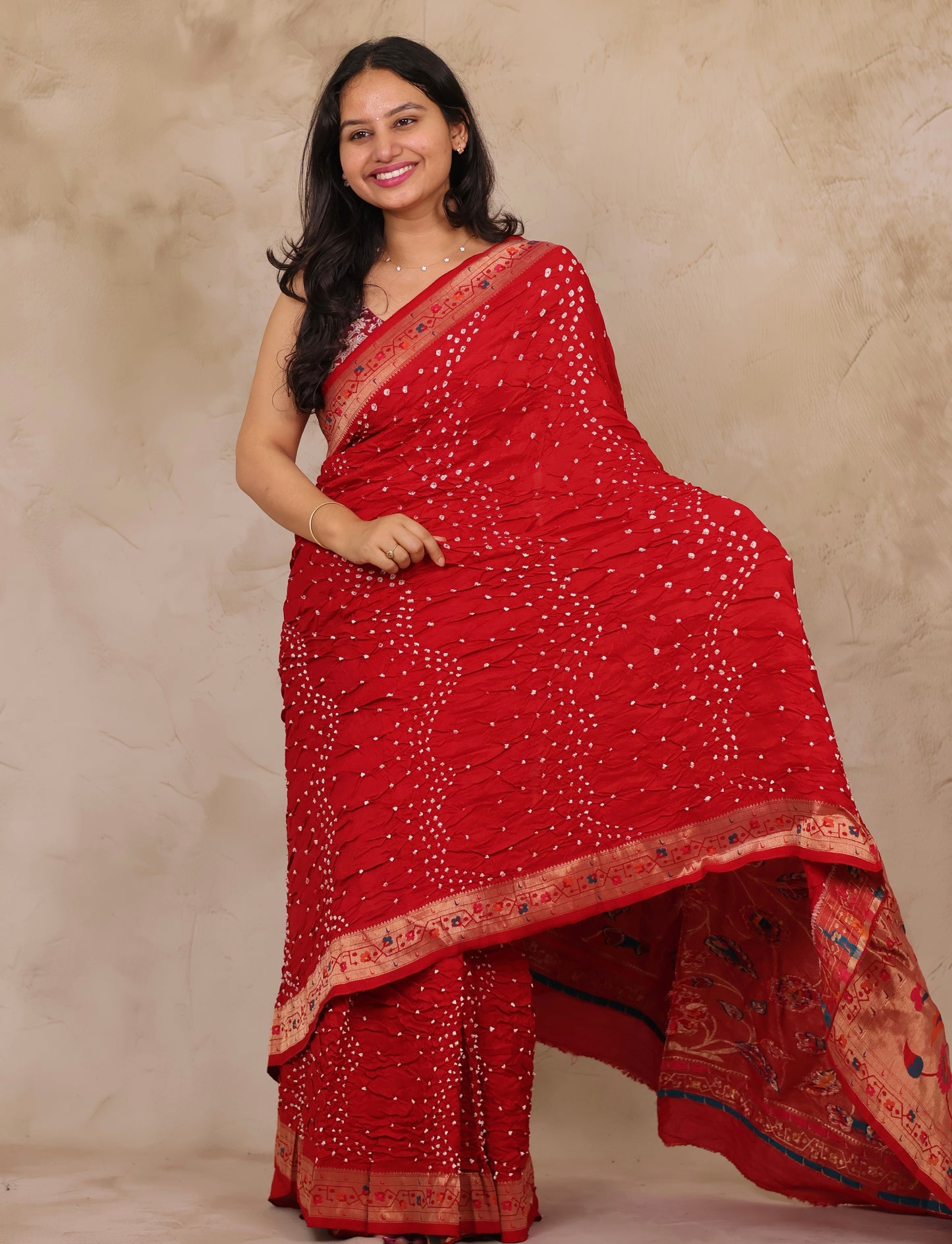Red Handcrafted Pattern Bandhani Paithani Dola Silk Saree | Looms & Tassels