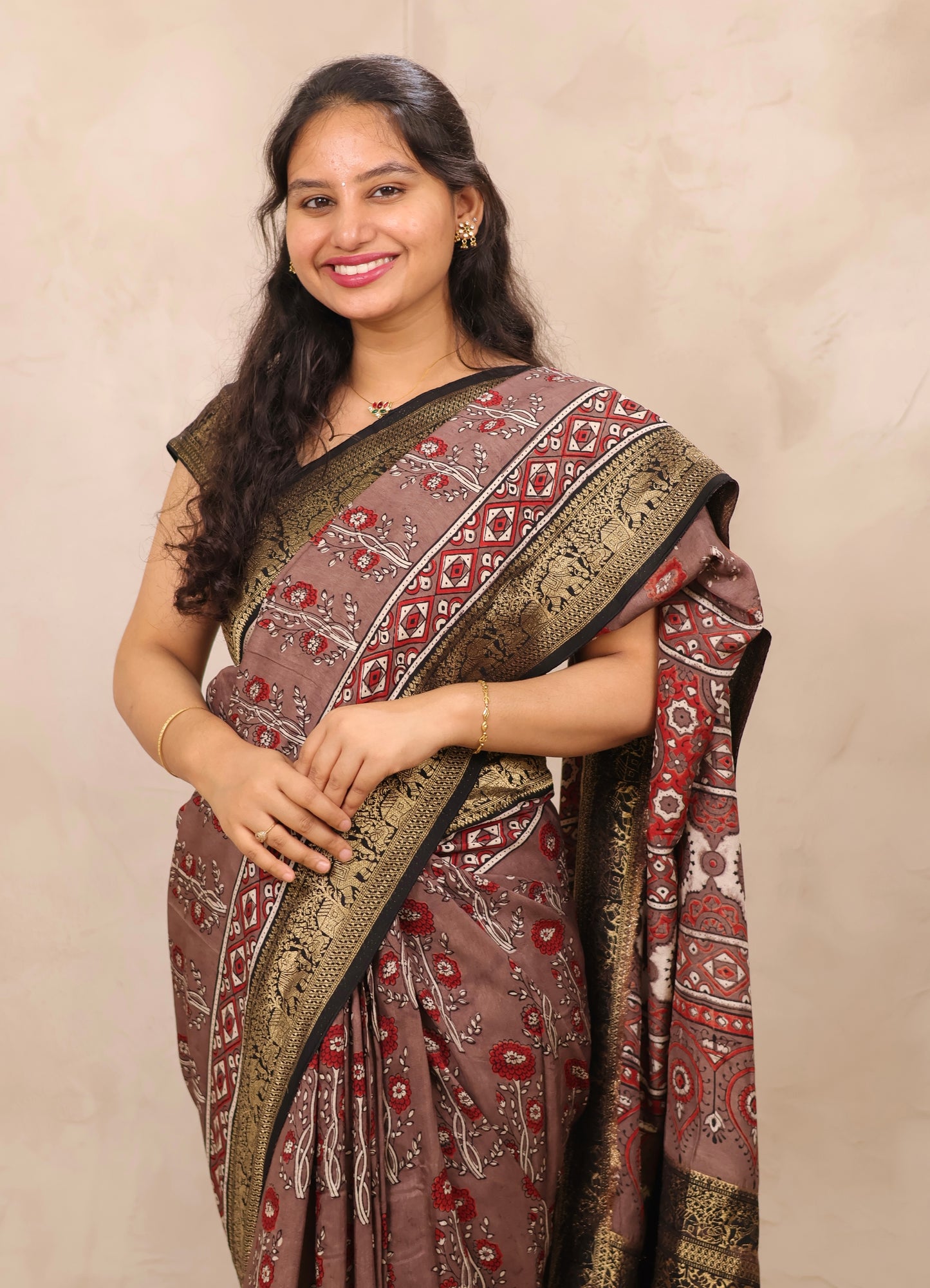 Dusty Brown Ajrakh Handblock printed Dola Silk Saree | Looms & Tassels