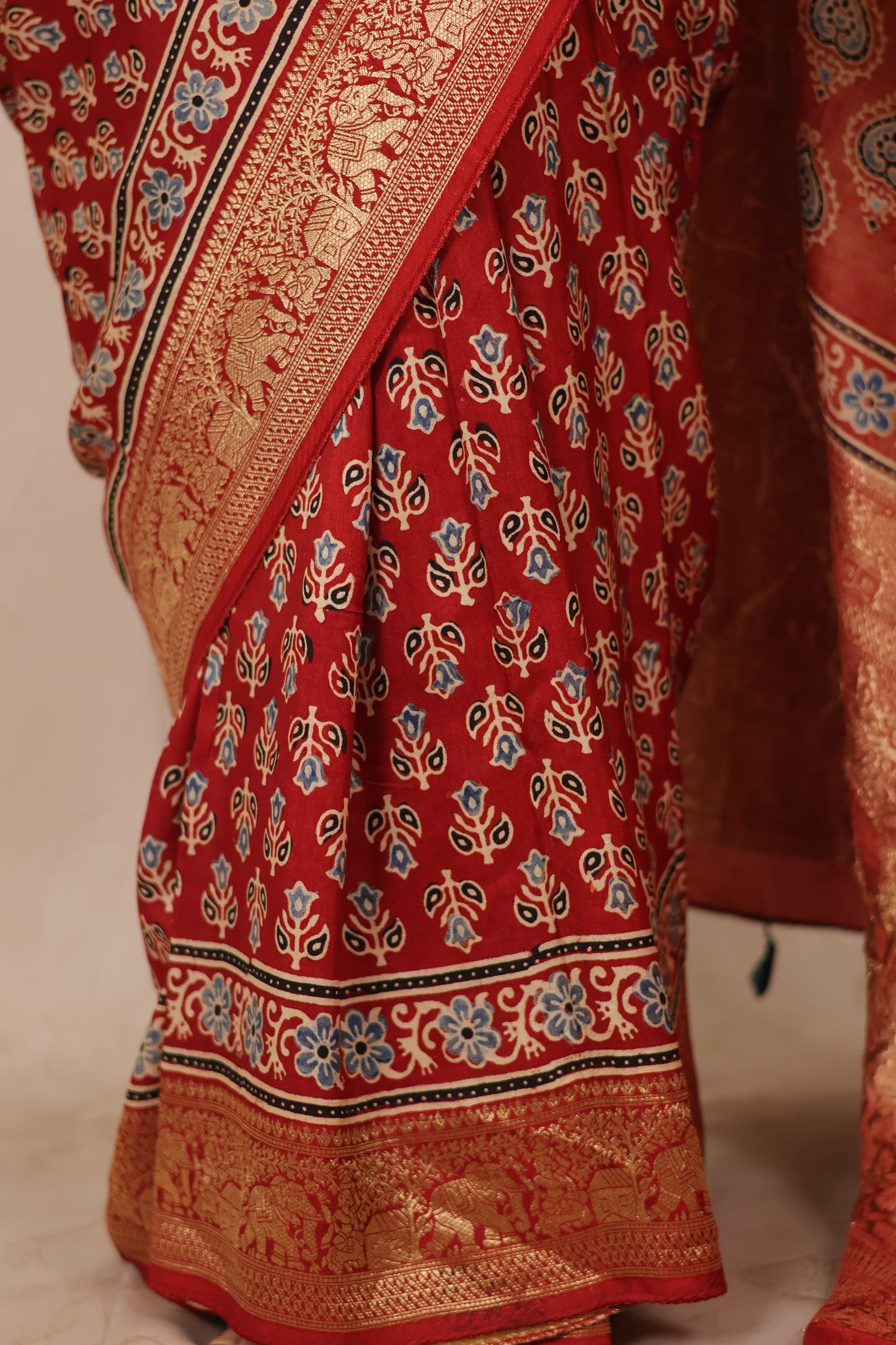 Red Ajrakh Handblock printed Dola Silk Saree | Looms & Tassels