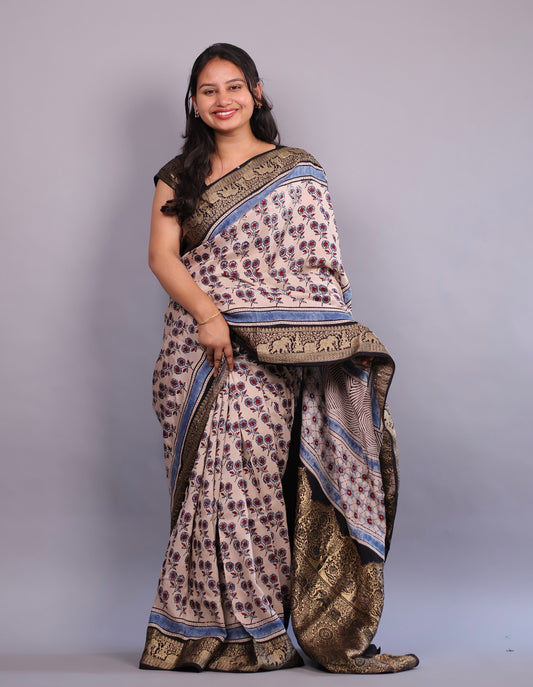 Cream Flower Butta Ajrakh Handblock printed Dola Silk Saree | Looms & Tassels