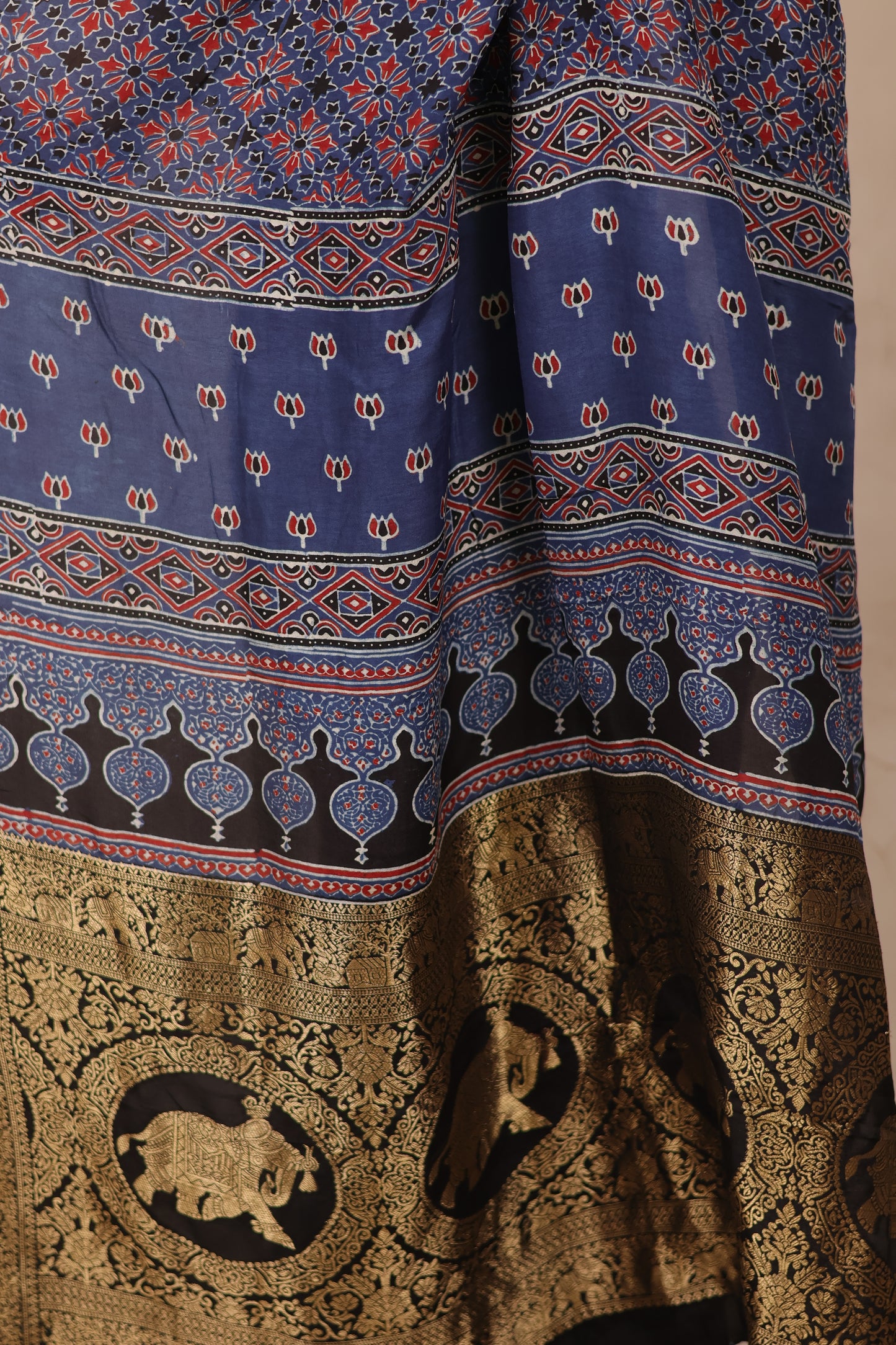 Indigo Ajrakh Handblock printed Dola Silk Saree | Looms & Tassels