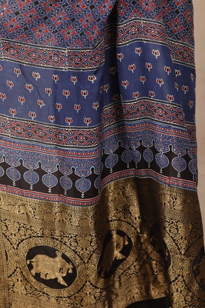 Indigo Ajrakh Handblock printed Dola Silk Saree | Looms & Tassels