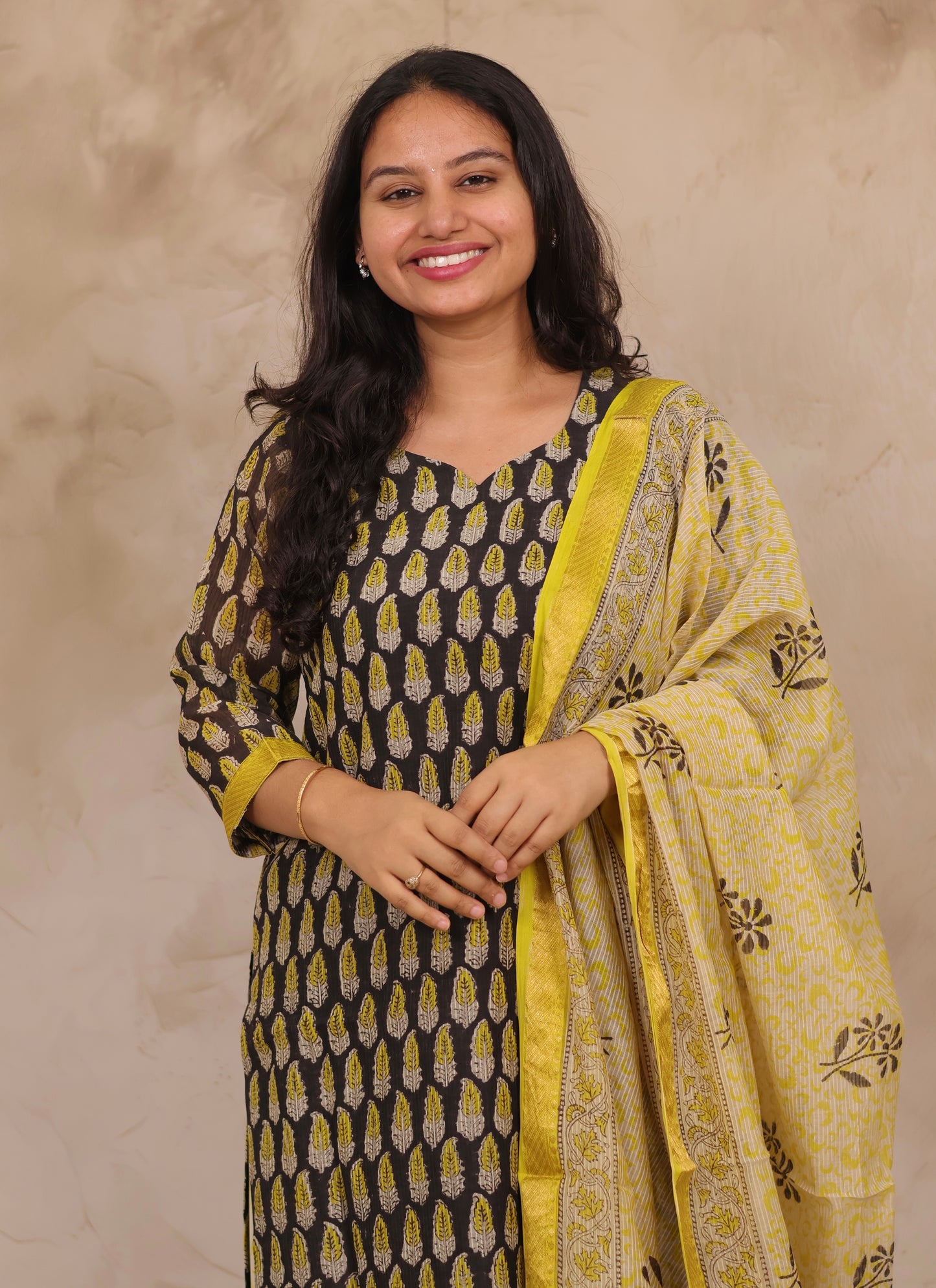 Black & Lemon Yellow Handblock printed Pure Maheswari Silk 3 piece suit (stitched)