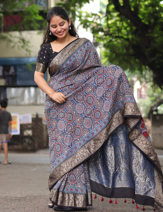 Indigo Ajrakh Dola Silk Saree