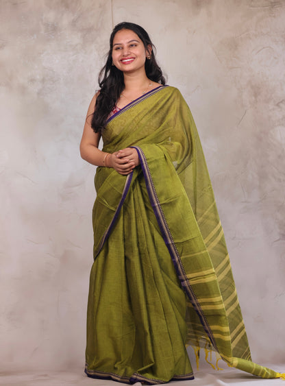 Parrot Green Narayanpet Cotton Saree | Looms & Tassels