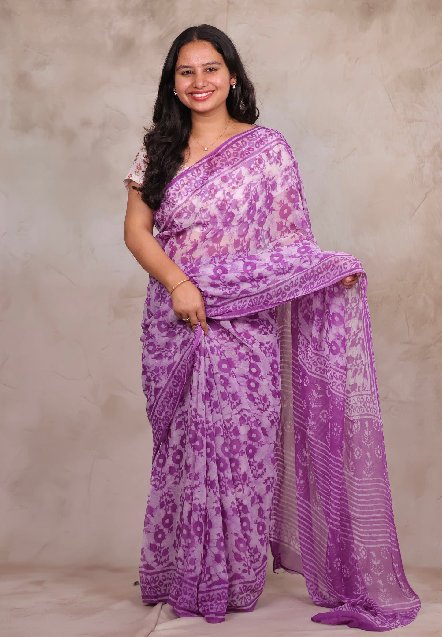 Purple Chiffon Hand Block Printed Saree | Looms & Tassels