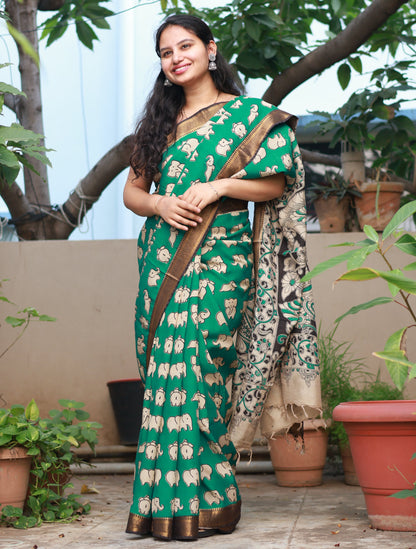Green & Cream Elephant Kalamkari Silk Handcrafted Nizam Border Saree