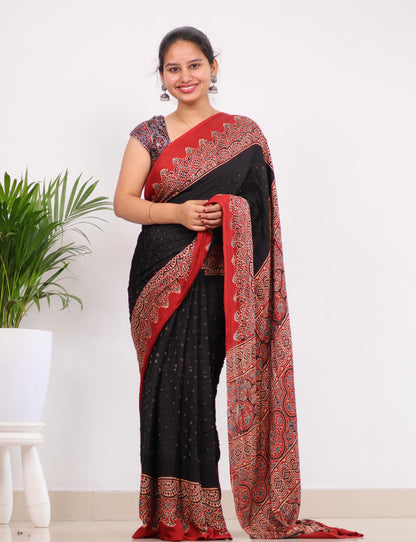 Black Ajrakh Bandhej Modal Silk Saree