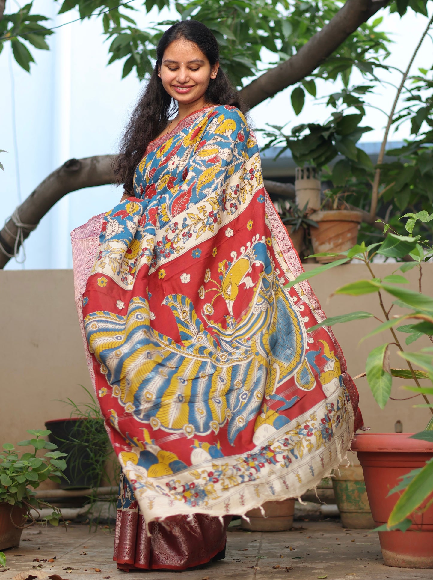 Blue Floral Kalamkari Silk Handcrafted Kanchi Border Saree