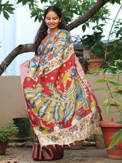 Blue Floral Kalamkari Silk Handcrafted Kanchi Border Saree