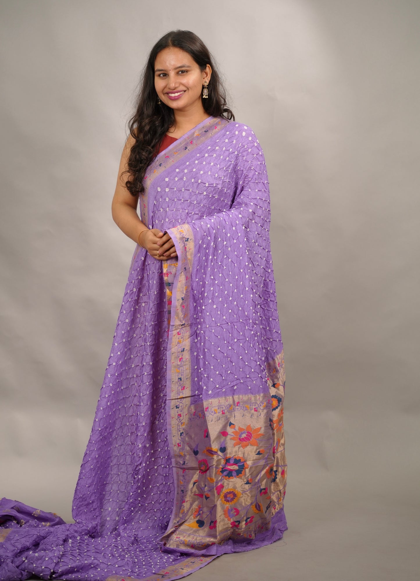 Lavender Handcrafted Bandhani Paithani Dola Silk Saree | Looms & Tassels