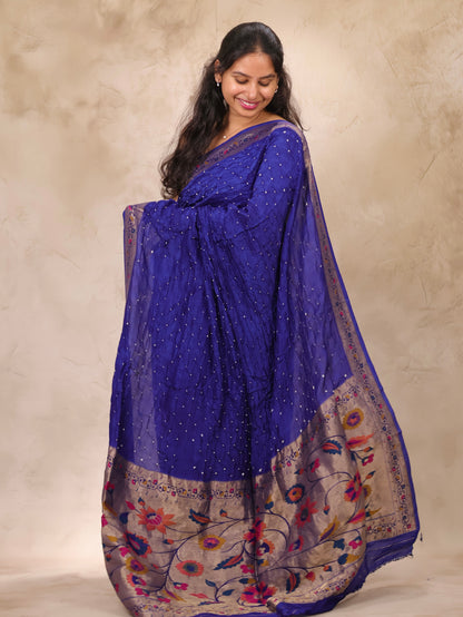 Blue Handcrafted Bandhani Paithani Dola Silk Saree | Looms & Tassels