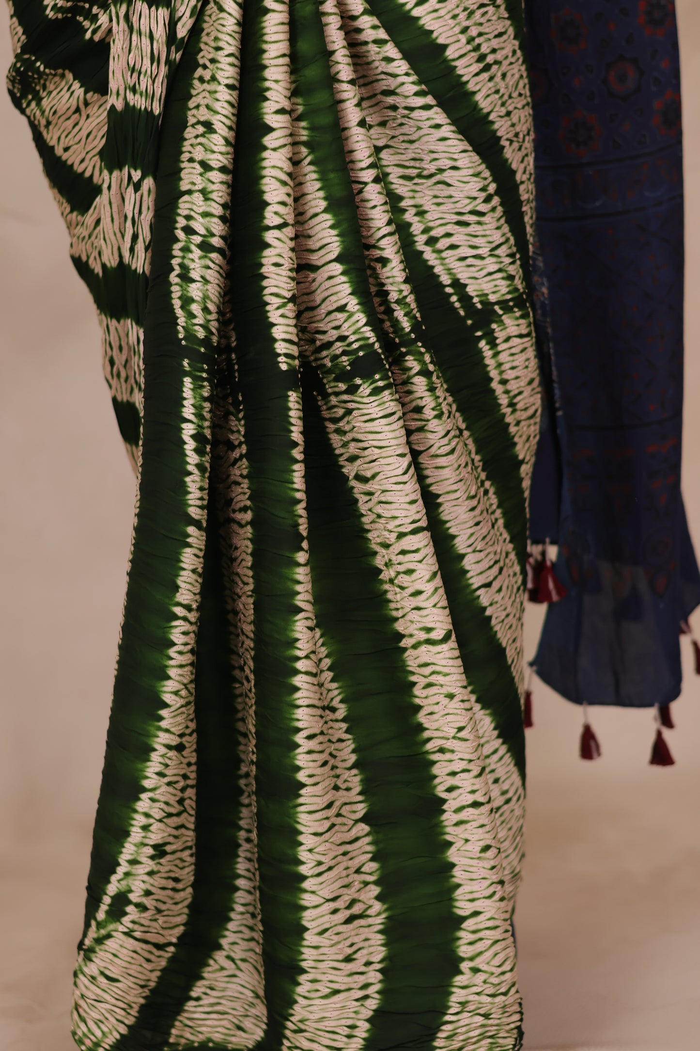 Bottle Green Needle Shibori and Ajrakh Handblock Printed Modal Silk Saree | Looms & Tassels